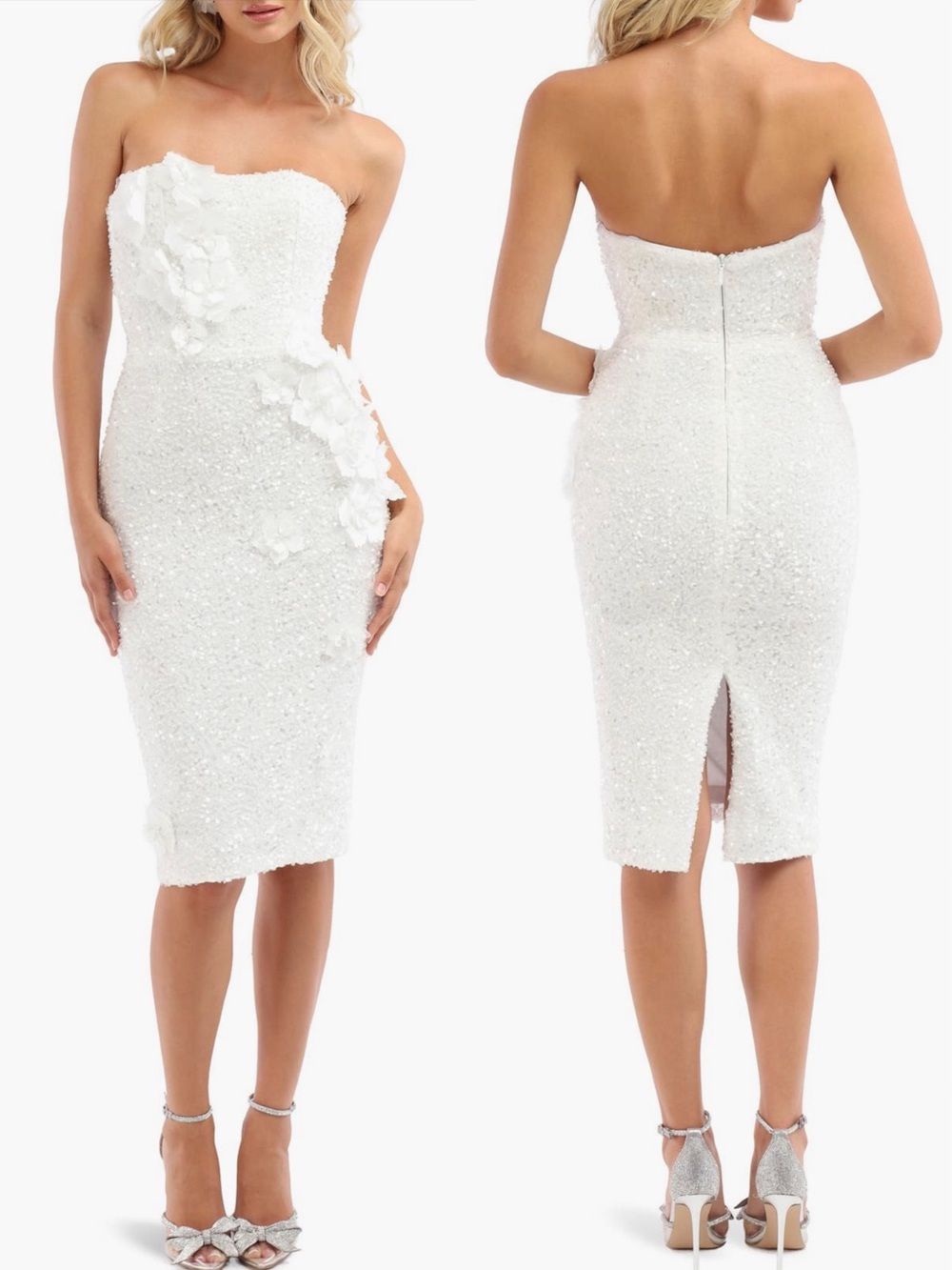 NWT Helsi Liliana White Sequin Floral Strapless Midi Dress Bridal Sz S (2-4)
